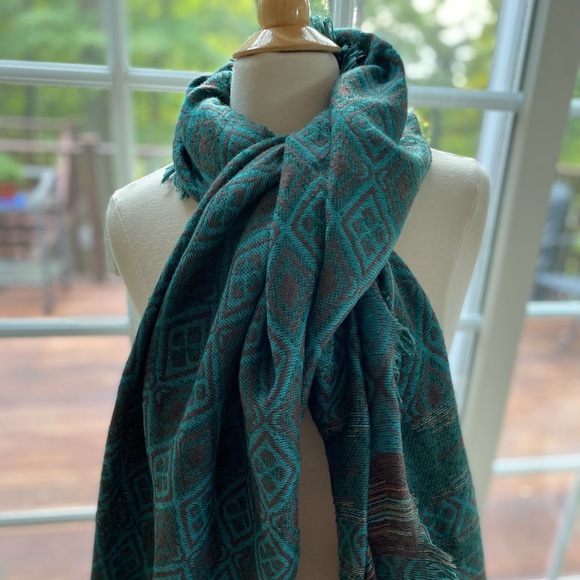 Anthropologie Accessories - Anthropologie scarf fringed, turquoise/brown print